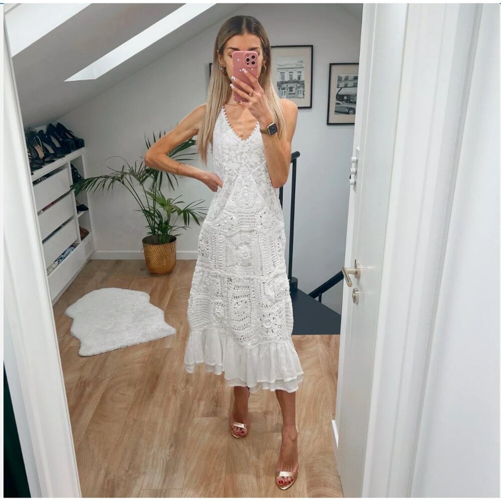 ZARA $169 V-NECK CONTRAST CROCHET KNIT LACE MIDI DRESS WHITE 3185/002 M NWT